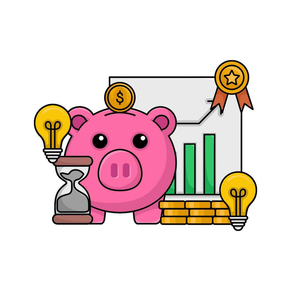 cerdito banco, reloj de arena gráfico gráfico en papel, dinero moneda con lámpara idea ilustración vector