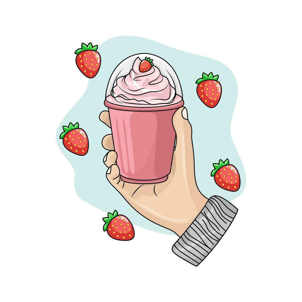 ice cream strawberry in hand with strawberry illustration vector