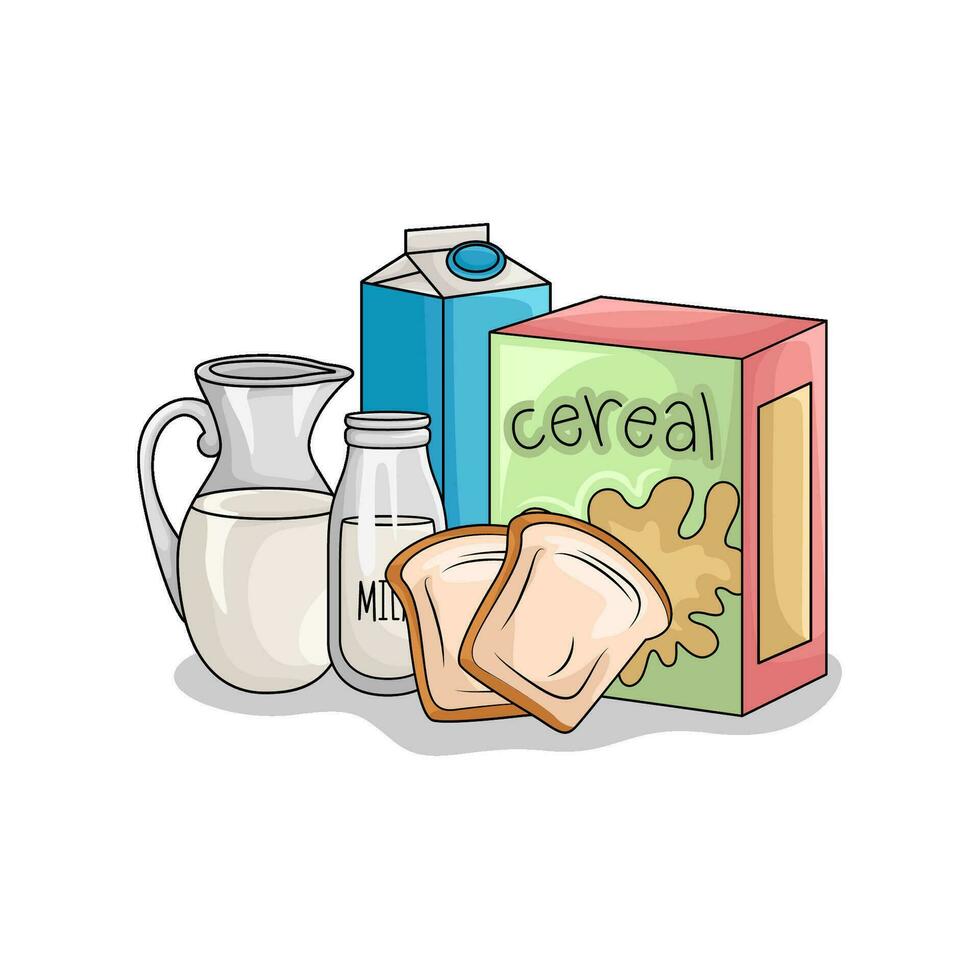 cereal box, wheat bread with milk illustration vector