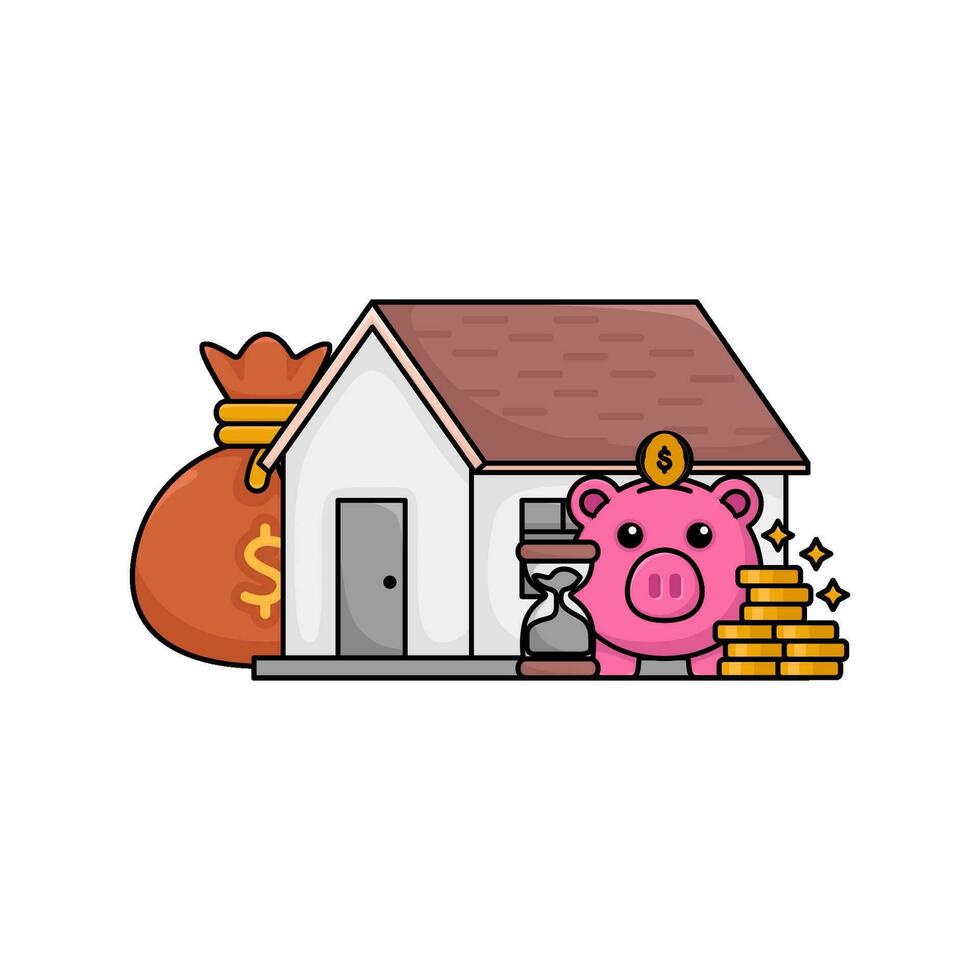 piggy bank, money coin, hourglass, home with money bag illustration vector