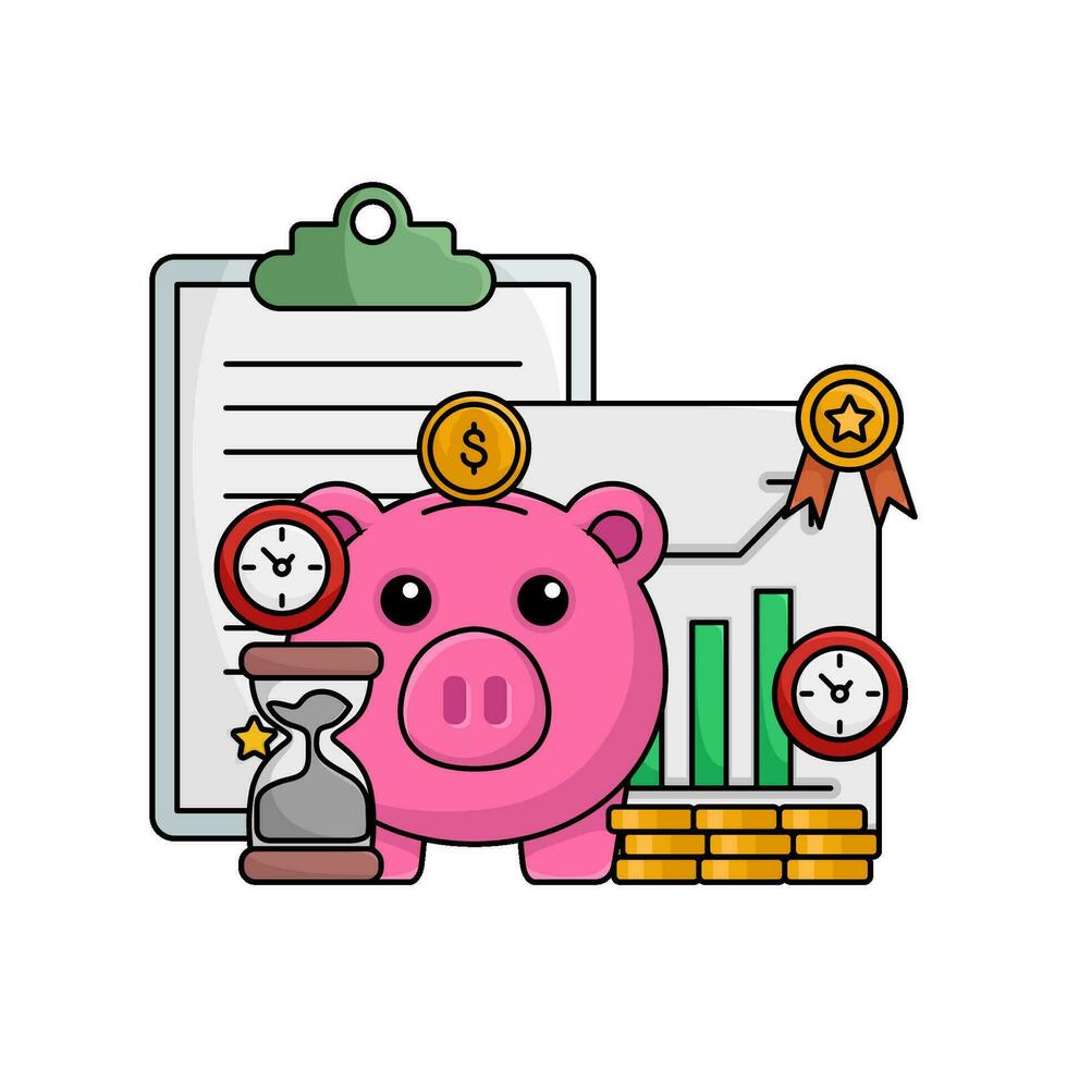 piggy bank, hourglass,money coin, clock time, award ribbon, chart graphic in paper with document illustration vector