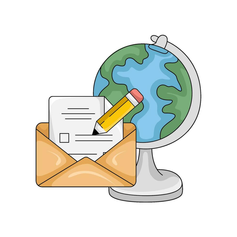email, pencil with globe illustration vector