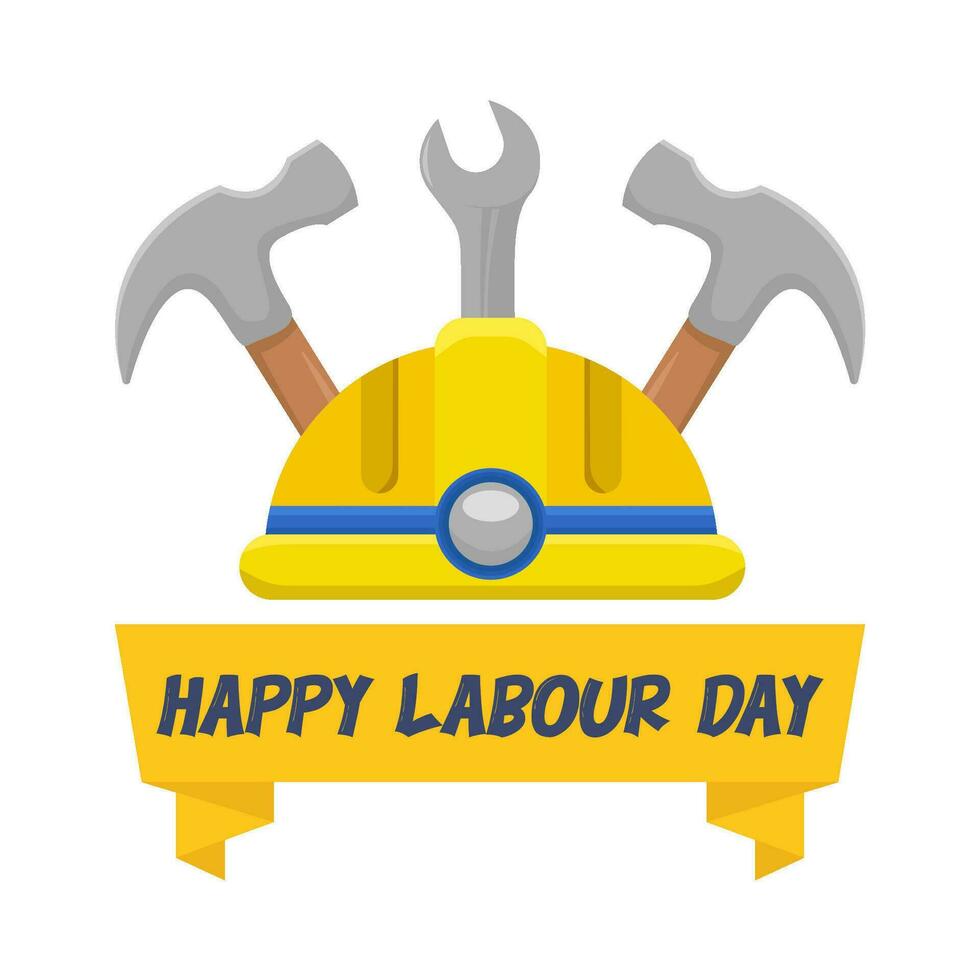 contento labor día en cinta, casco mano de obra, llave inglesa herramientas con martillo ilustración vector