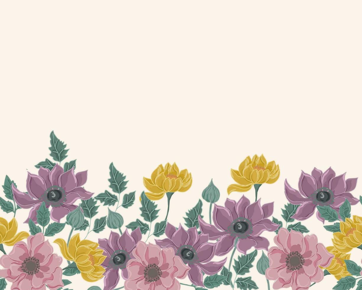 Hand Drawn Clematis and Anemone Flower Seamless Background vector