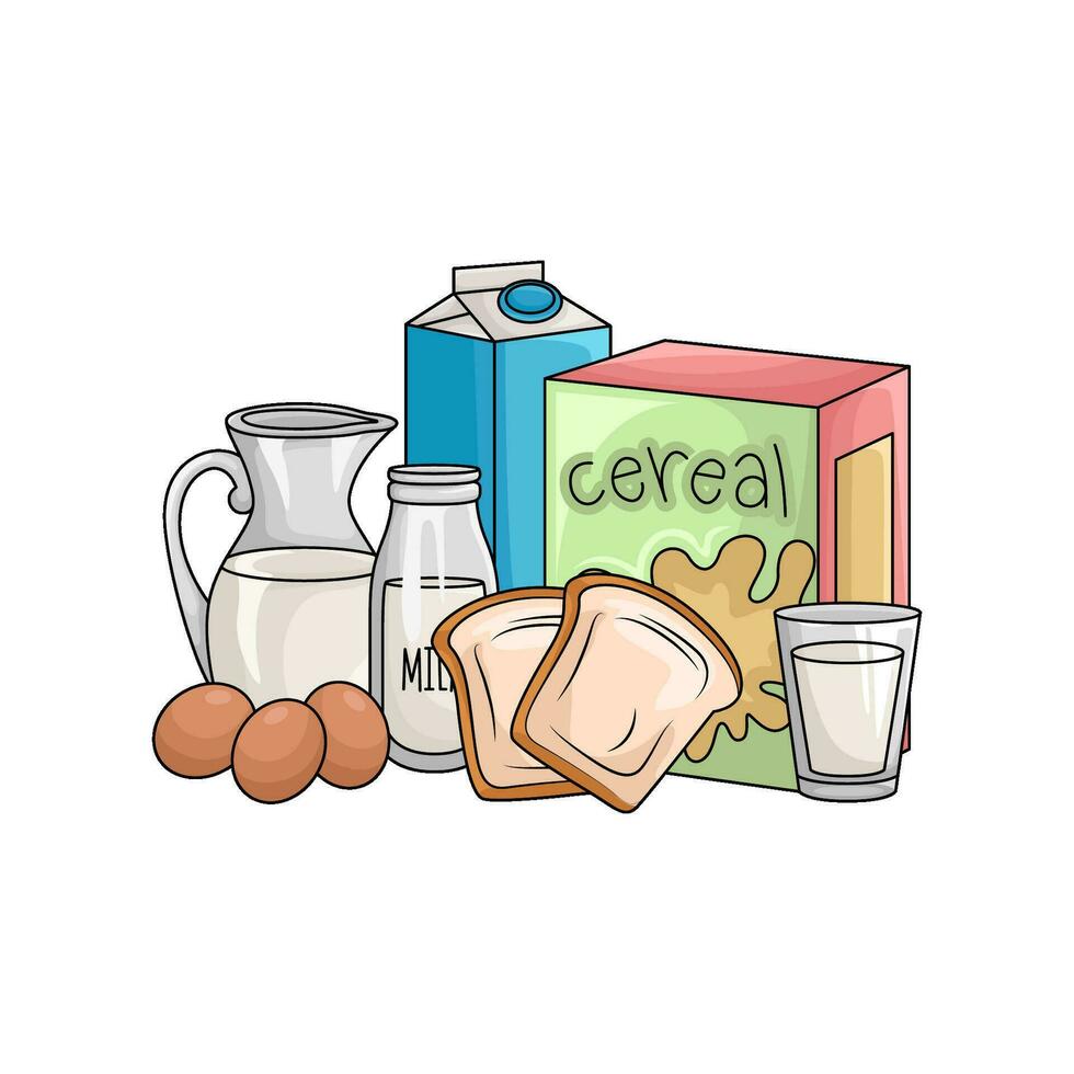 cereal caja, pan, Leche con huevo ilustración vector