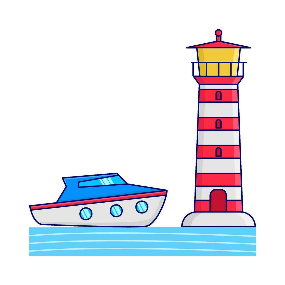 boat in sea with mercusuar illustration vector