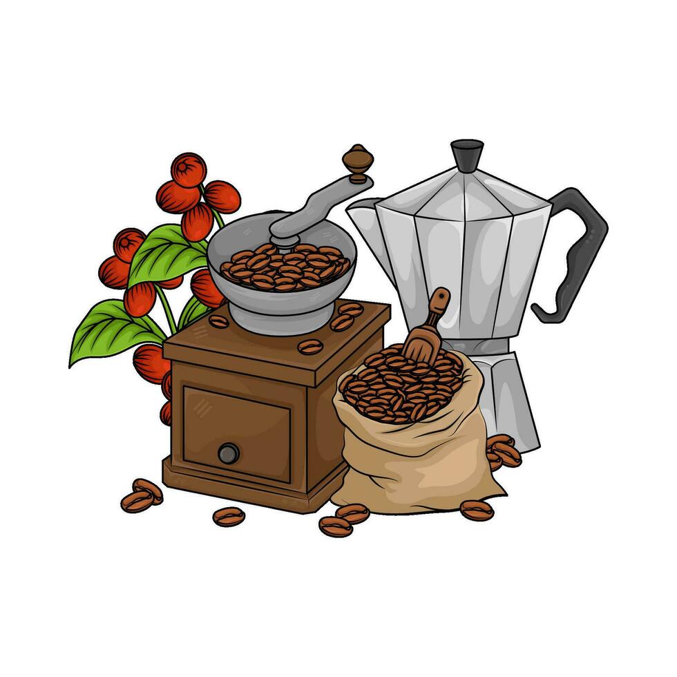 grinder, coffee beans with  coffee fruit illustration vector