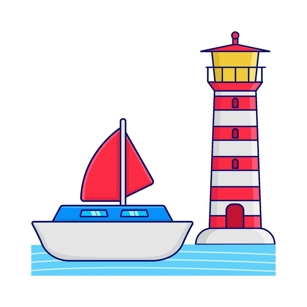 boat in sea with mercusuar illustration vector