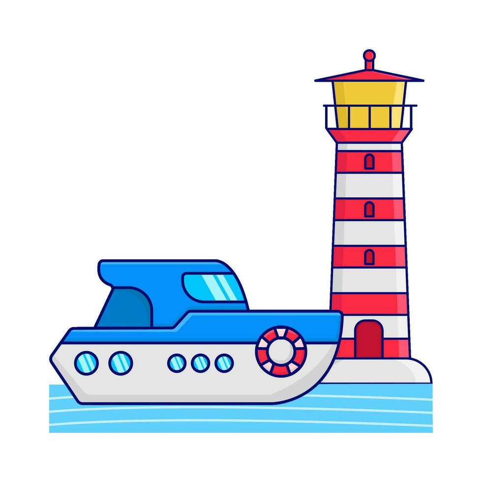 boat in sea with mercusuar illustration vector