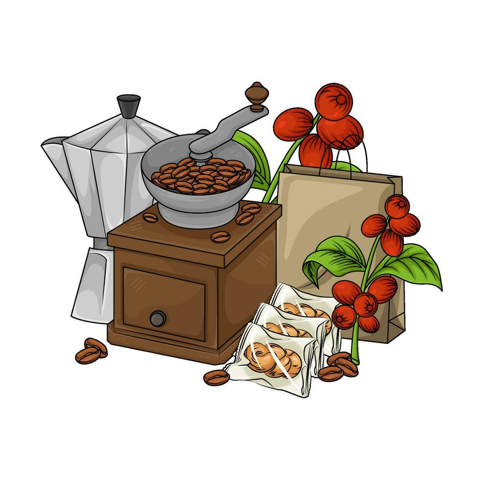 grinder, coffee beans, coffee fruit, paperbag, coffee fruit with pastry illustration vector