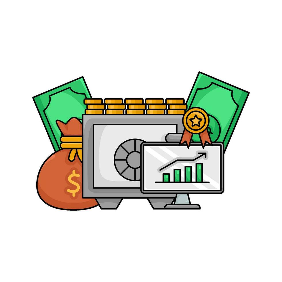 safe money, money coin, chart graphic in computer, award ribbon, money with money bag illustration vector