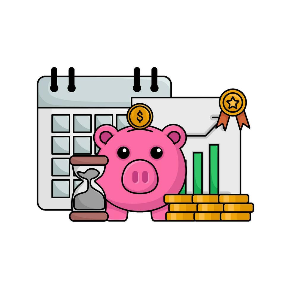 cerdito banco, reloj de arena gráfico gráfico en papel, calendario, dinero moneda con lámpara idea ilustración vector