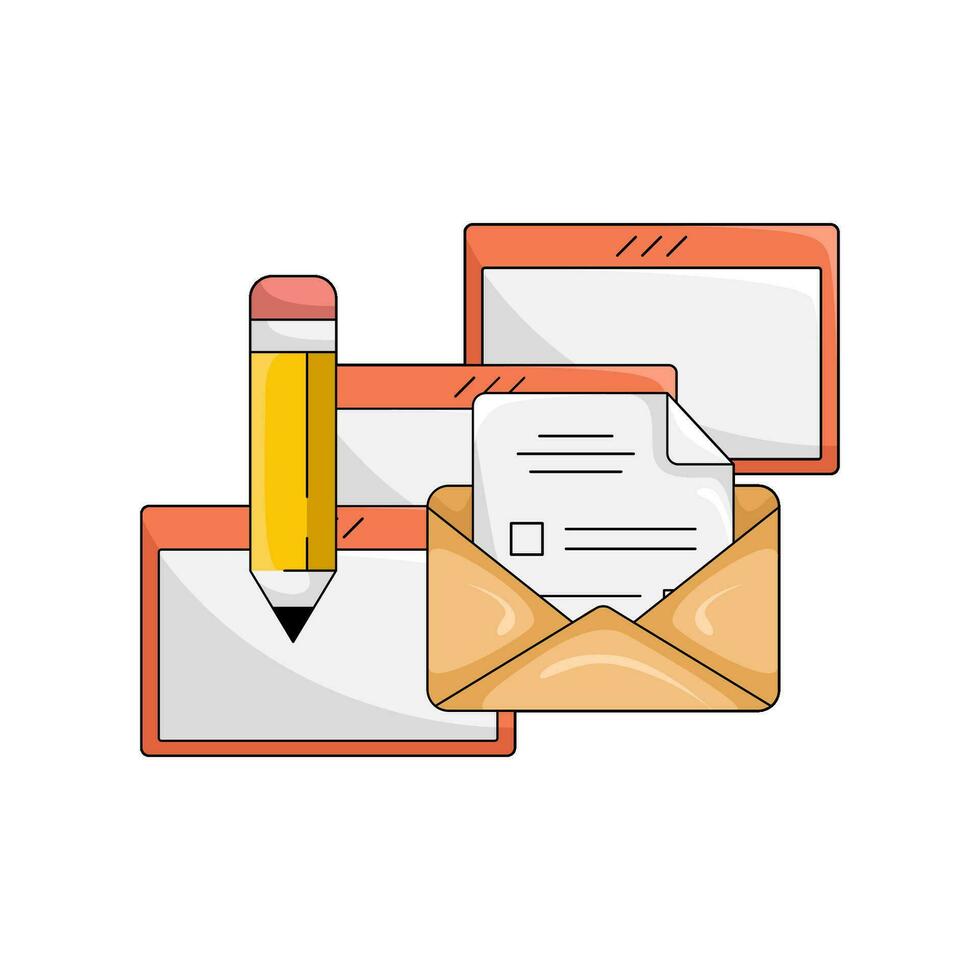 mail, pencil with monitor illustration vector
