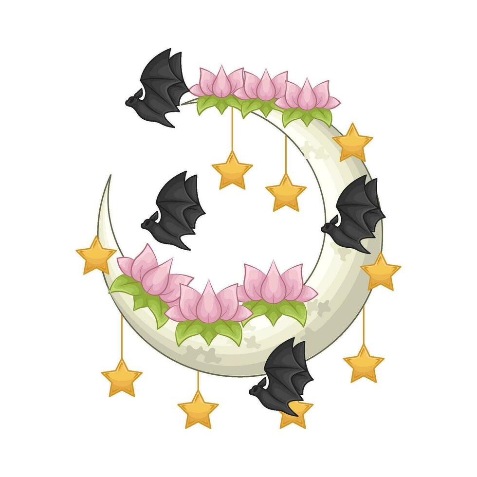 flower in moon, bat fly with star illustration vector