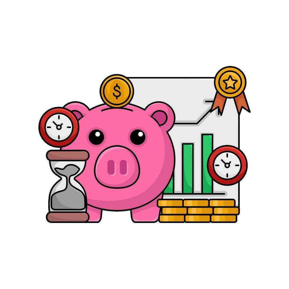 cerdito banco, reloj de arena gráfico gráfico en papel, tiempo, dinero moneda con lámpara idea ilustración vector