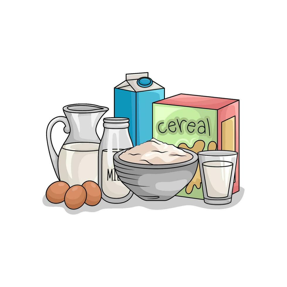 cereal box, wheat powder, milk with egg illustration vector