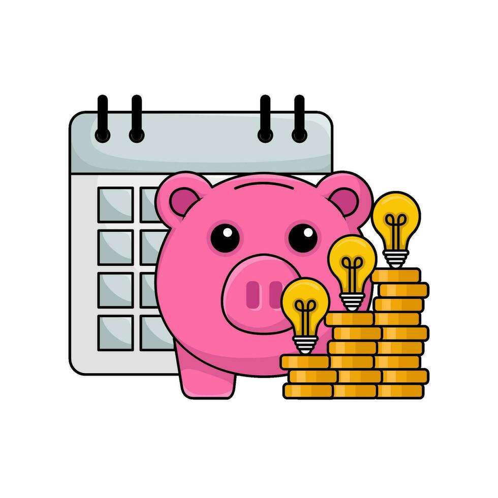 cerdito banco, dinero moneda, lámpara con calendario ilustración vector