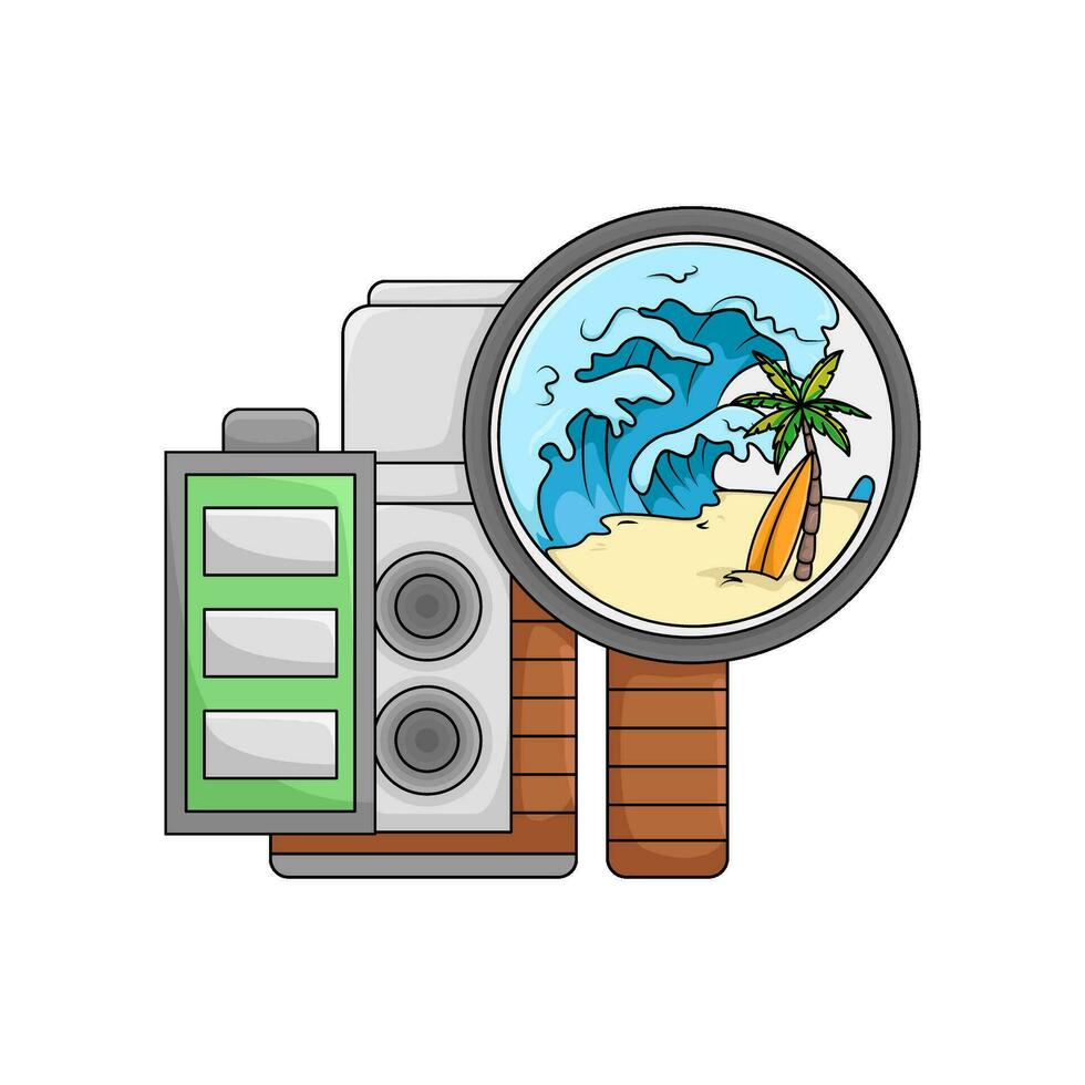 cámara foto, imagen playa con batería ilustración vector