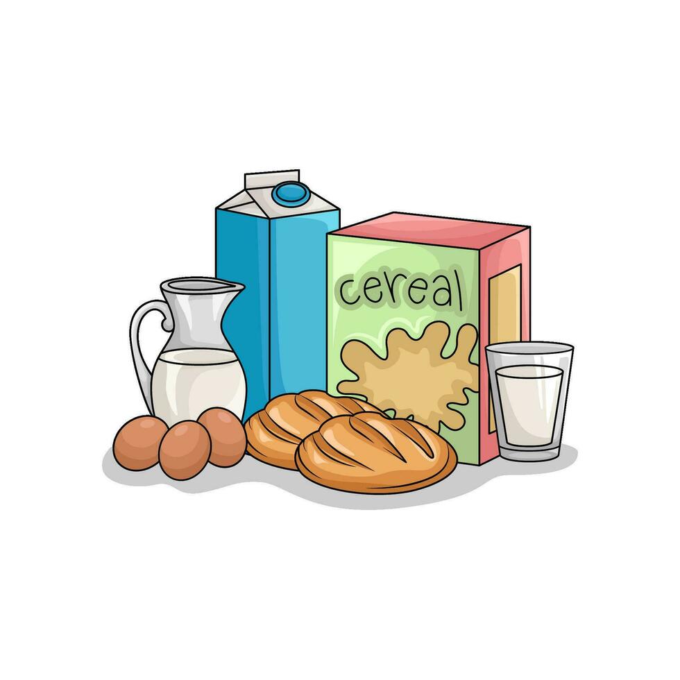 cereal caja, leche, Pastelería con huevo ilustración vector