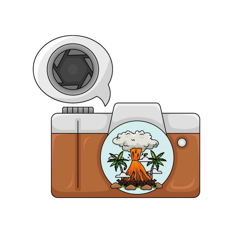 camera photo, picture volcano with shooter in speech bubble illustration vector