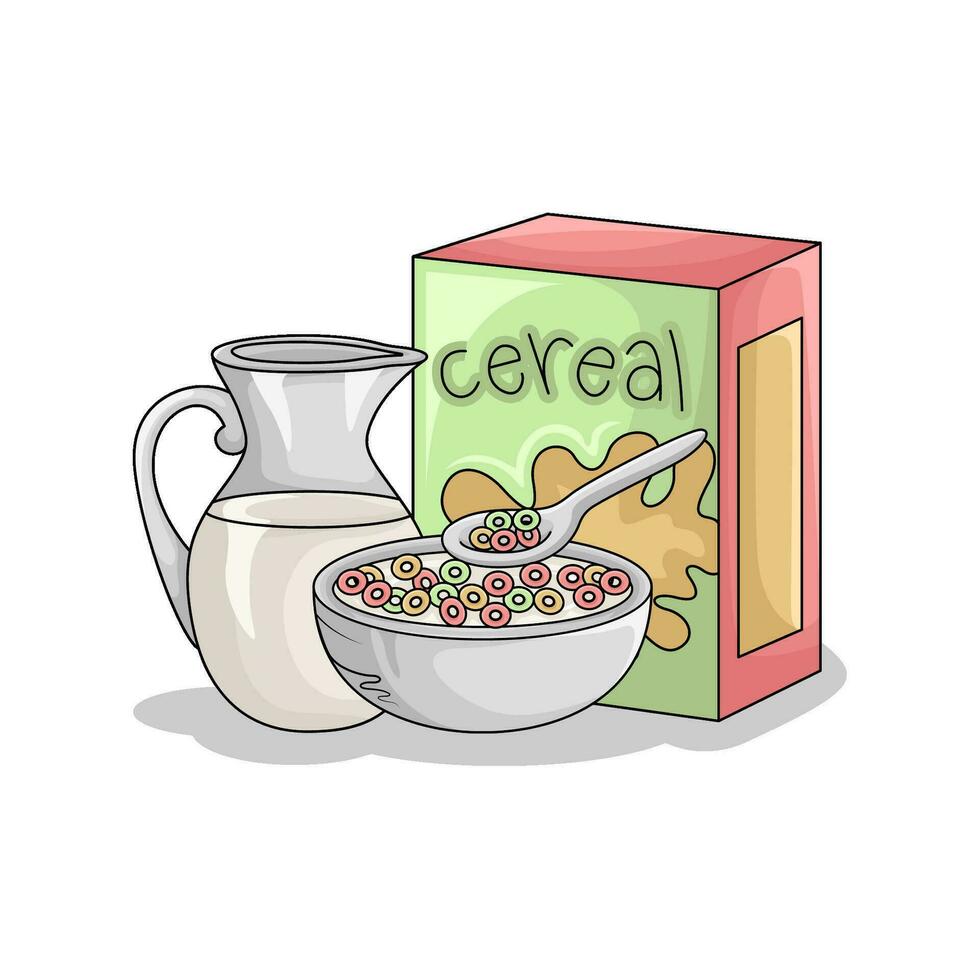 cereal box, milk with cereal in bowl illustration vector