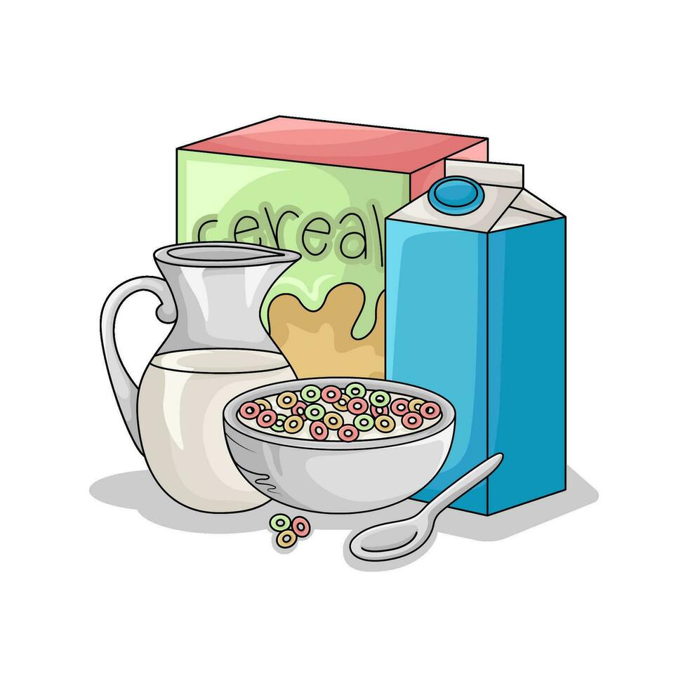 cereal box, milk with cereal in bowl illustration vector