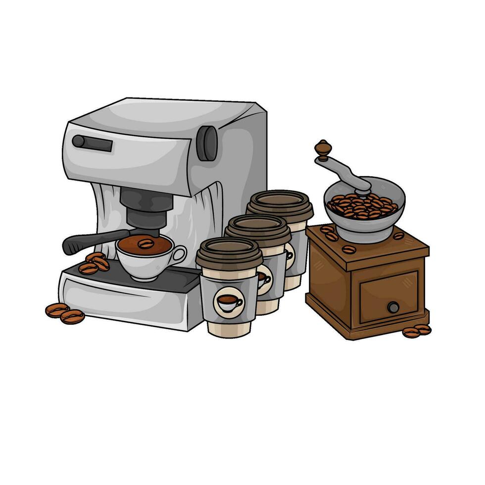 café frijoles, taza bebida con café bebida en café fabricante ilustración vector