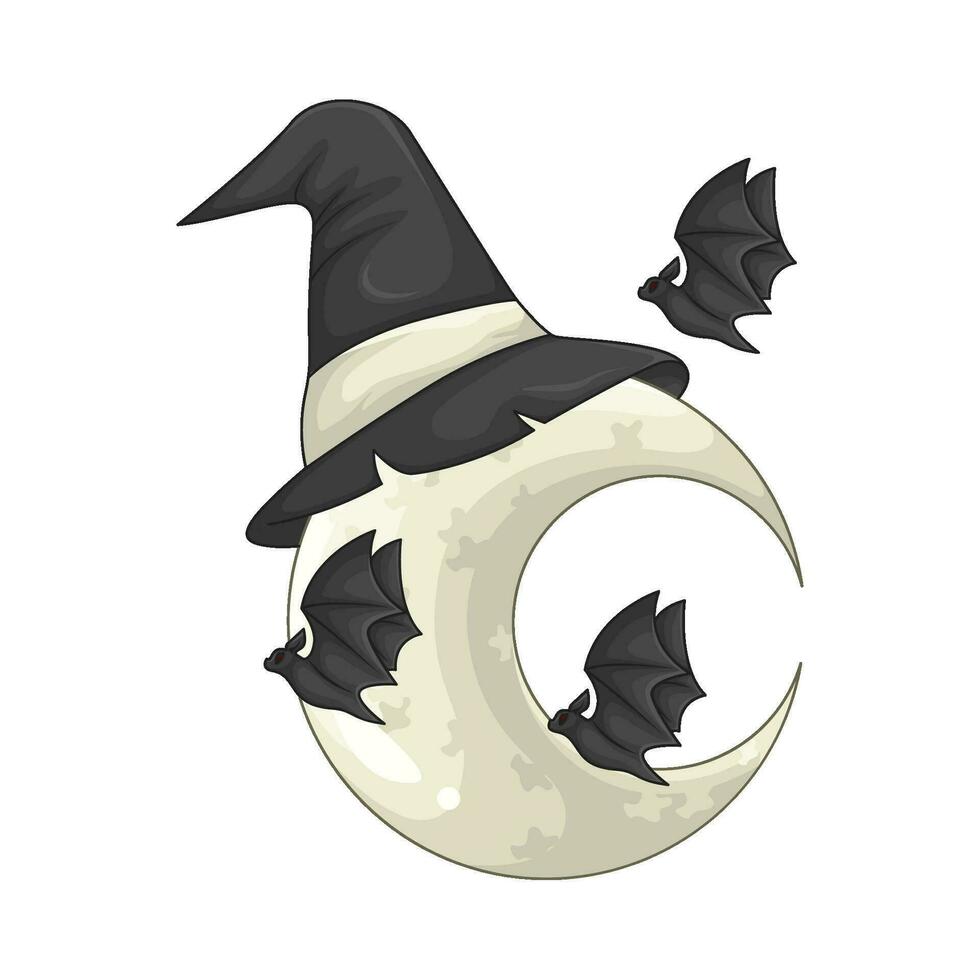 bat fly with hat witch in moon illustration vector