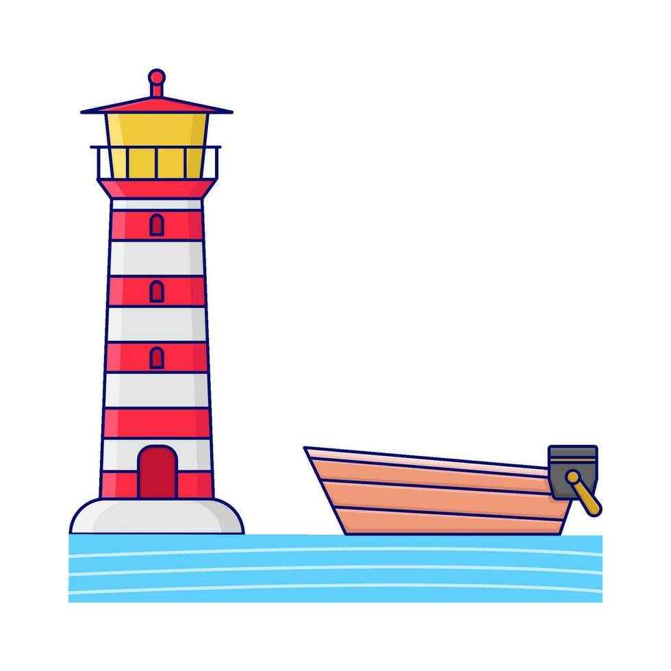 boat in sea with mercusuar illustration vector