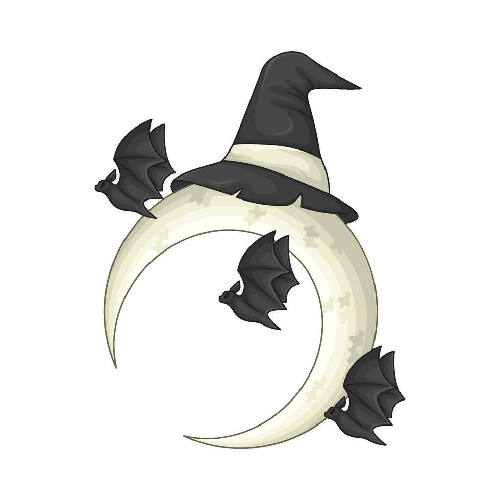 hat witch in moon with bat fly illustration vector