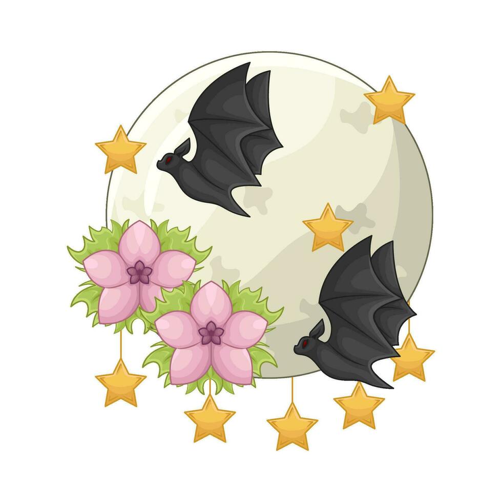 moon, bat fly, star with flower illustration vector