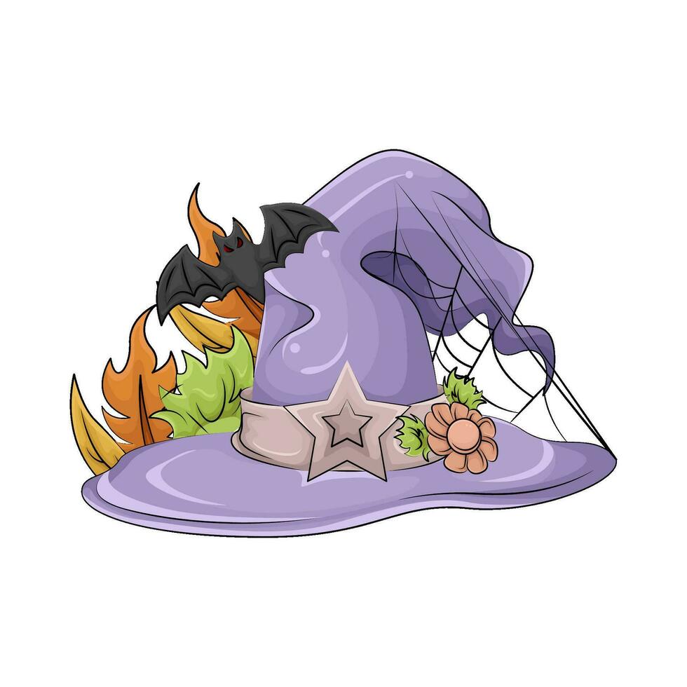 hat witch, leaf, spider with bat illustration vector