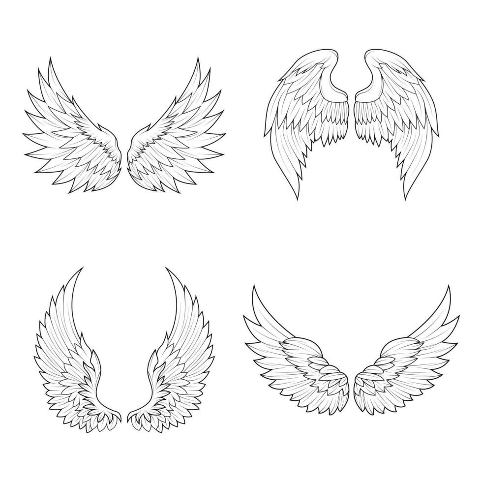 Collection of angel wings outline. Tribal wing tattoos vector