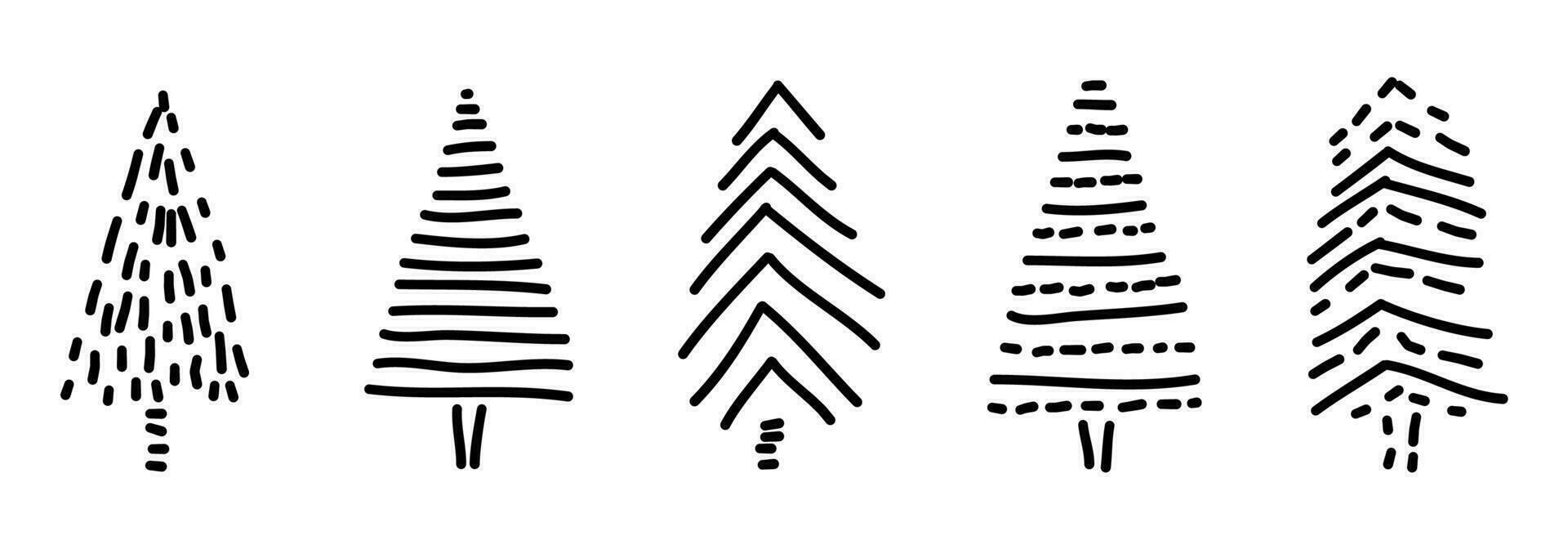 Doodle fir tree set. Hand drawn various Christmas trees isolated on a white background. Vector illustration