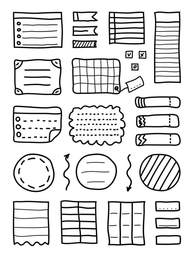 Doodle bullet journal. Hand drawn vector elements for notebook, diary and planner. Banners isolated on white background