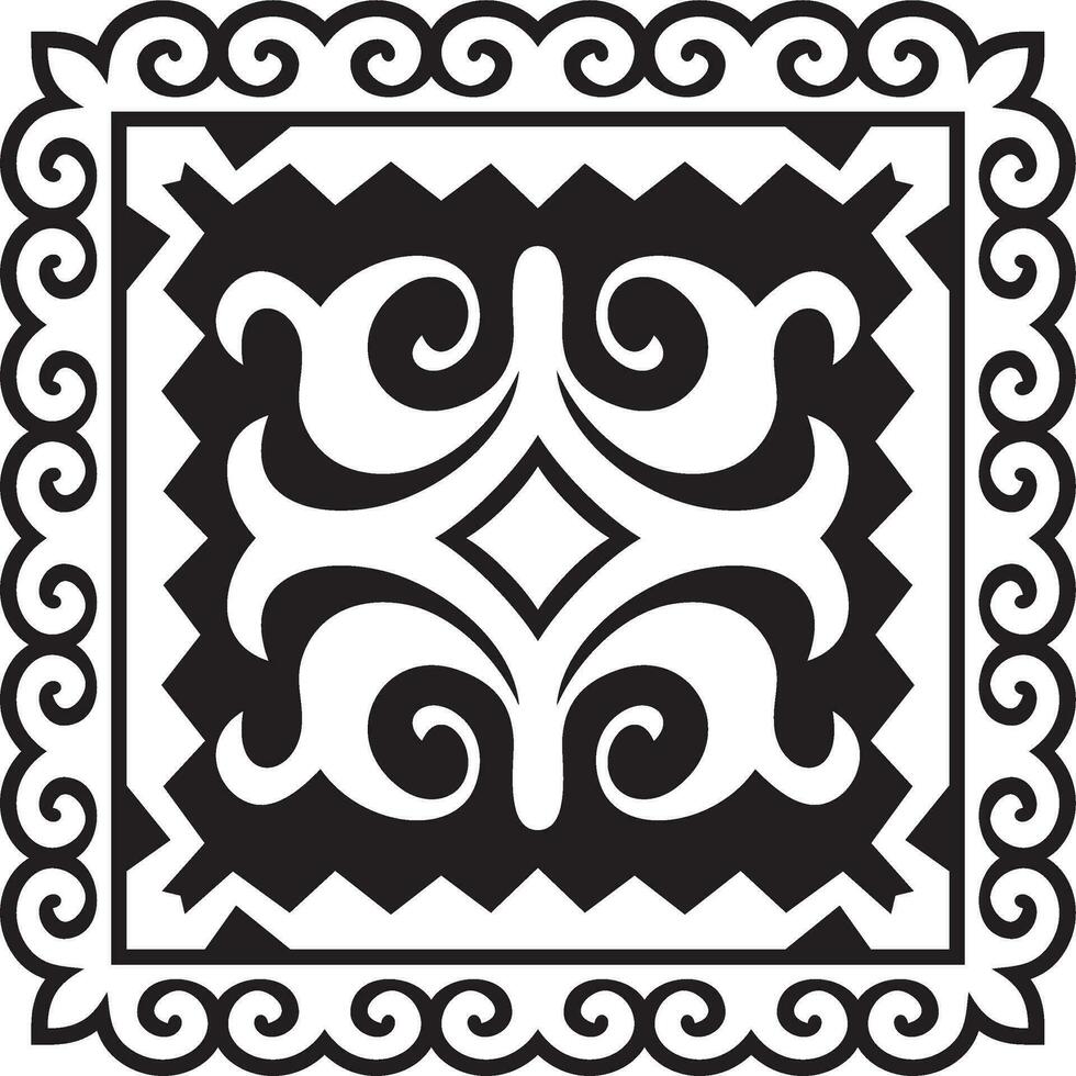 Vector black monochrome square Kazakh national ornament. Ethnic pattern of the peoples of the Great Steppe, Mongols, Kyrgyz, Kalmyks, Buryats