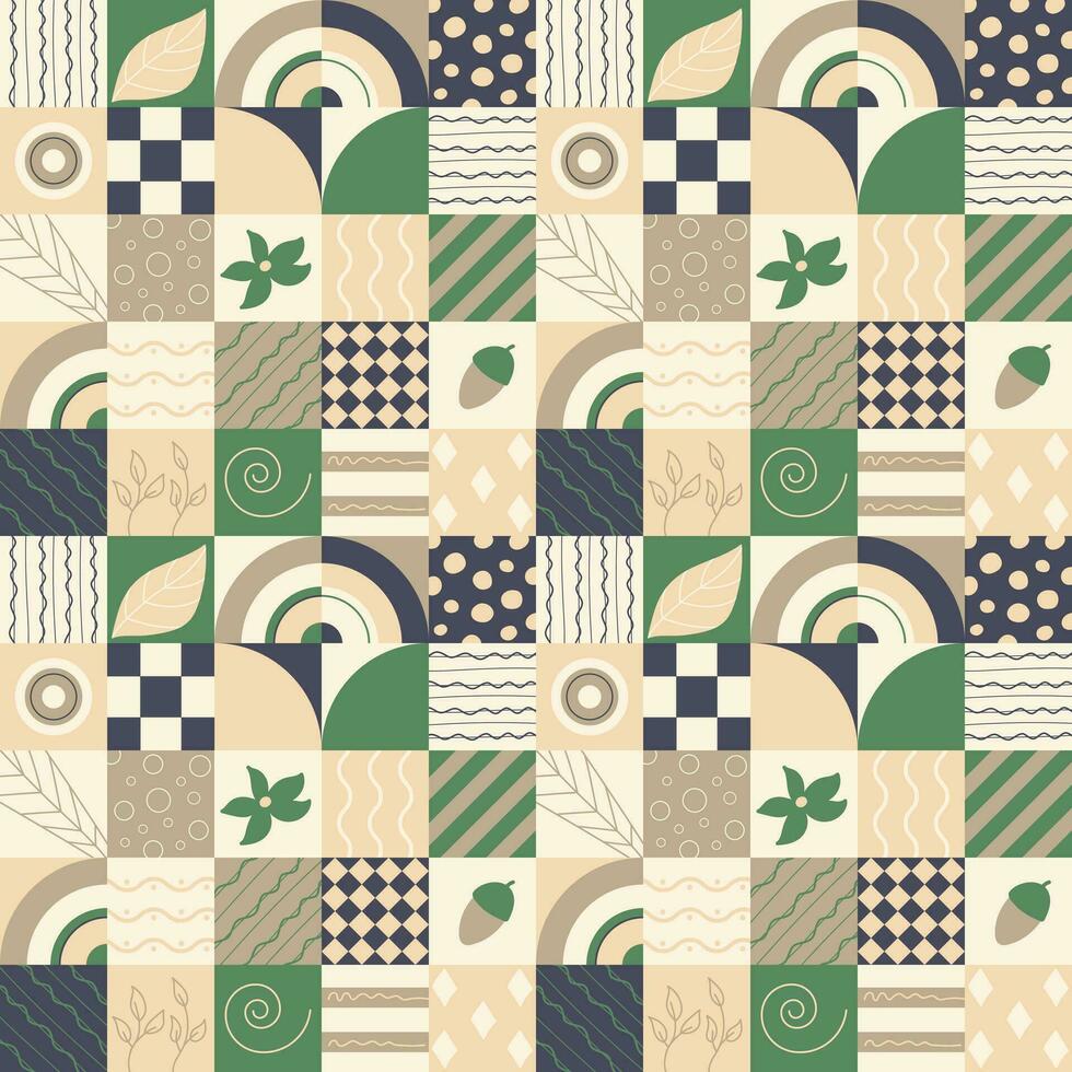 Seamless pattern with geometric forms and doodles leaf, acorn, flower of green beige color vector