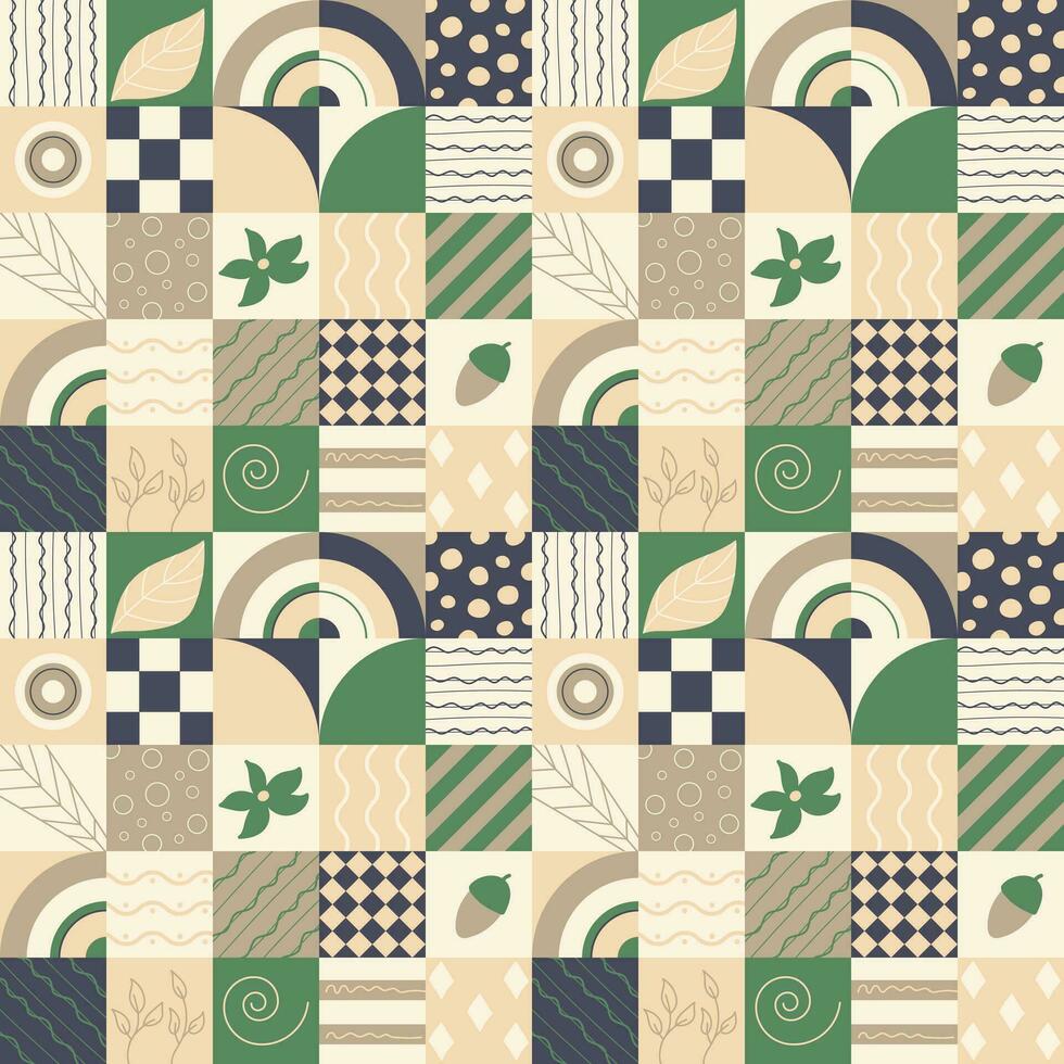 Seamless pattern with geometric forms and doodles leaf, acorn, flower of green beige color vector