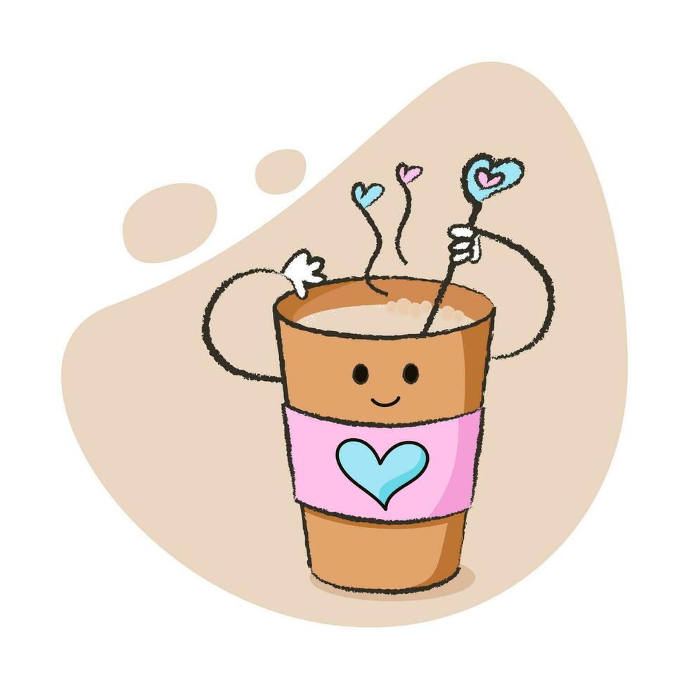 linda personaje de café taza quien revuelve café y tener corazones, para San Valentín día y más. mejor para tarjeta postal, pegatinas y más diseños vector