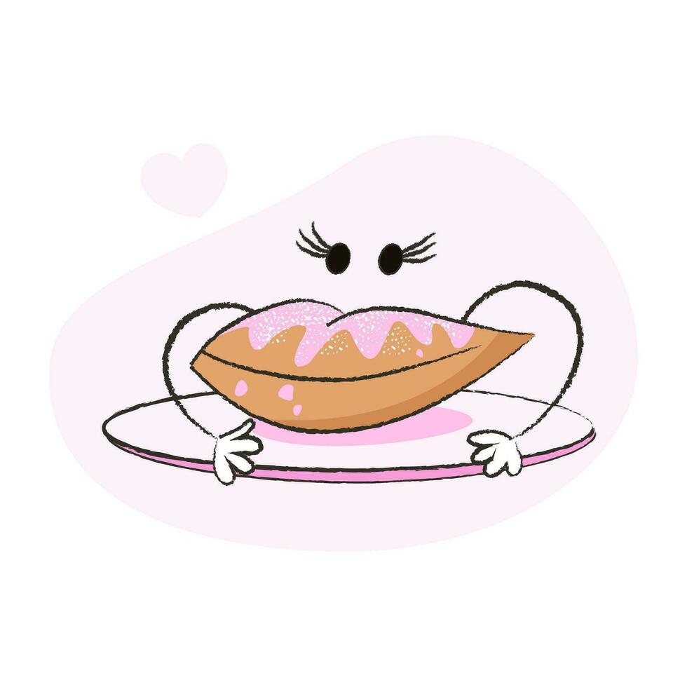 linda personaje de rosquilla con fresa crema en un plato para San Valentín día y más. mejor para tarjeta postal, pegatinas y más diseños vector