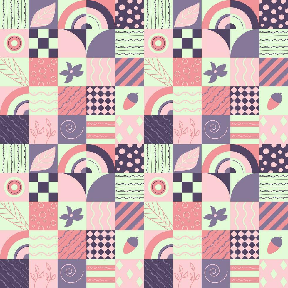 Seamless pattern with geometric forms and doodles leaf, acorn, flower of pink-violet color vector
