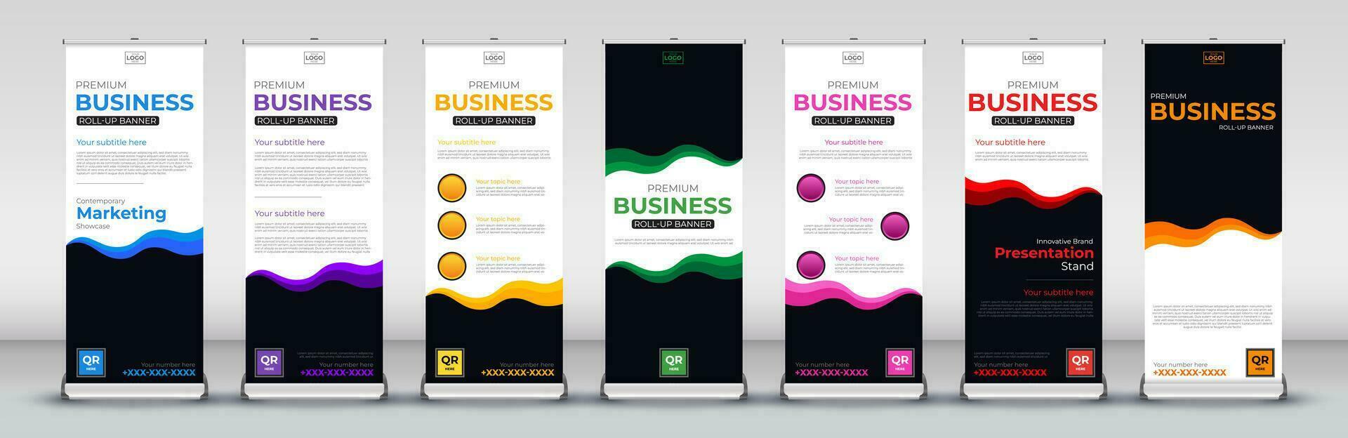 Roll up banner design template for business events, annual meetings, presentations, marketing, promotions, with red, blue, green, orange, pink, yellow and purple print ready colors vector