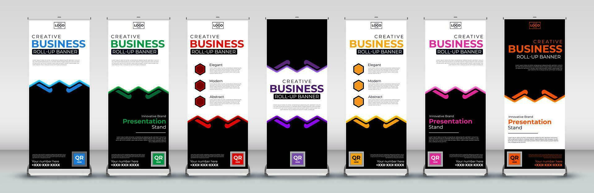 Roll up banner design template for business events, annual meetings, presentations, marketing, promotions, with red, blue, green, orange, pink, yellow and purple print ready colors vector