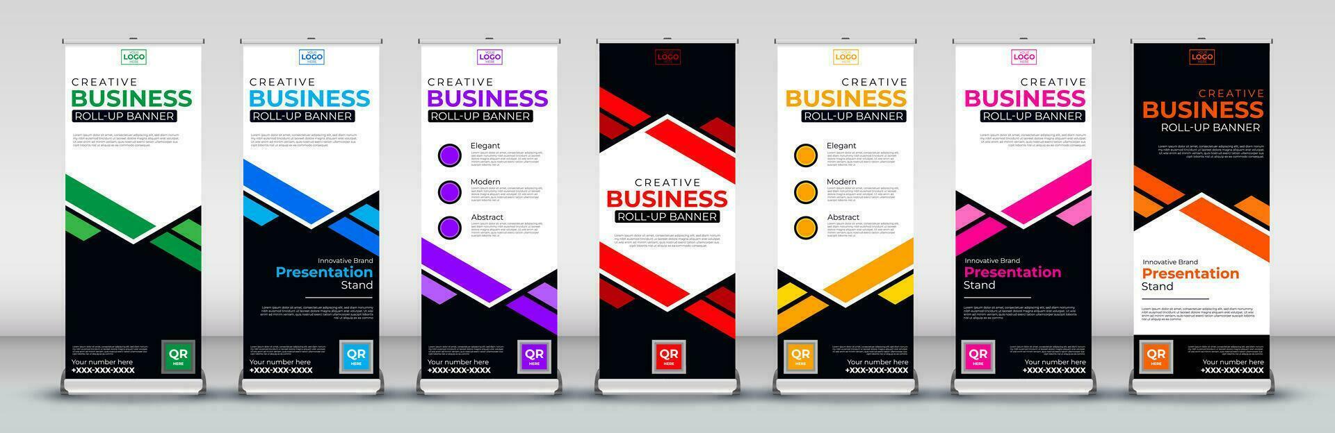 Roll up banner design template for business events, annual meetings, presentations, marketing, promotions, with red, blue, green, orange, pink, yellow and purple print ready colors vector
