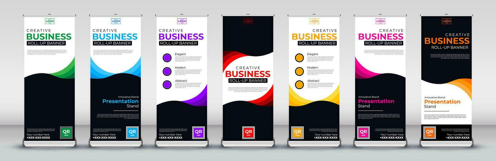 Roll up banner design template for business events, annual meetings, presentations, marketing, promotions, with red, blue, green, orange, pink, yellow and purple print ready colors vector
