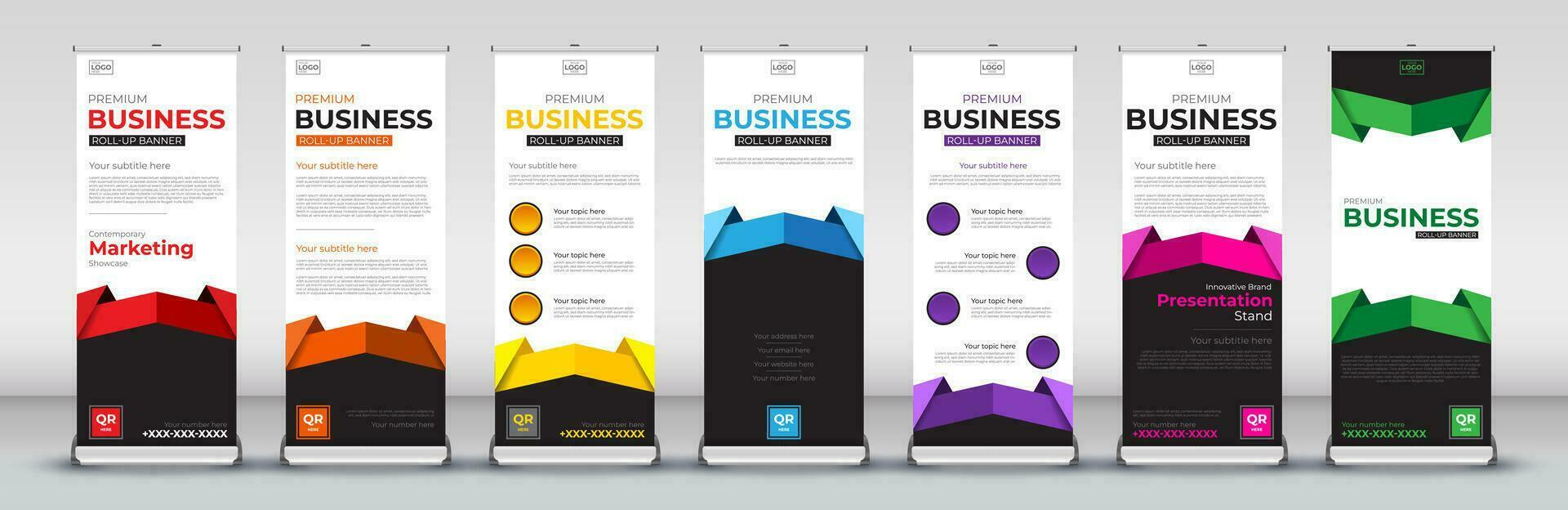 Roll up Banner template set for meetings, Street Business, presentations, annual events, events, exhibitions in red, blue, orange, purple, green, pink and yellow vector
