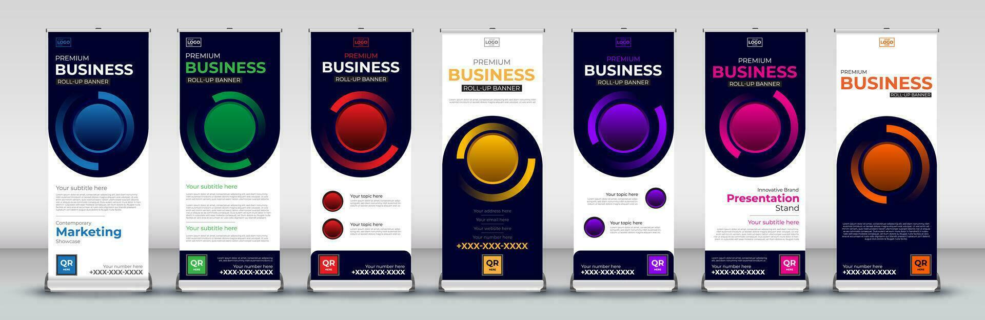 Roll up banner design template for business events, annual meetings, presentations, marketing, promotions, with red, blue, green, orange, pink, yellow and purple print ready colors vector