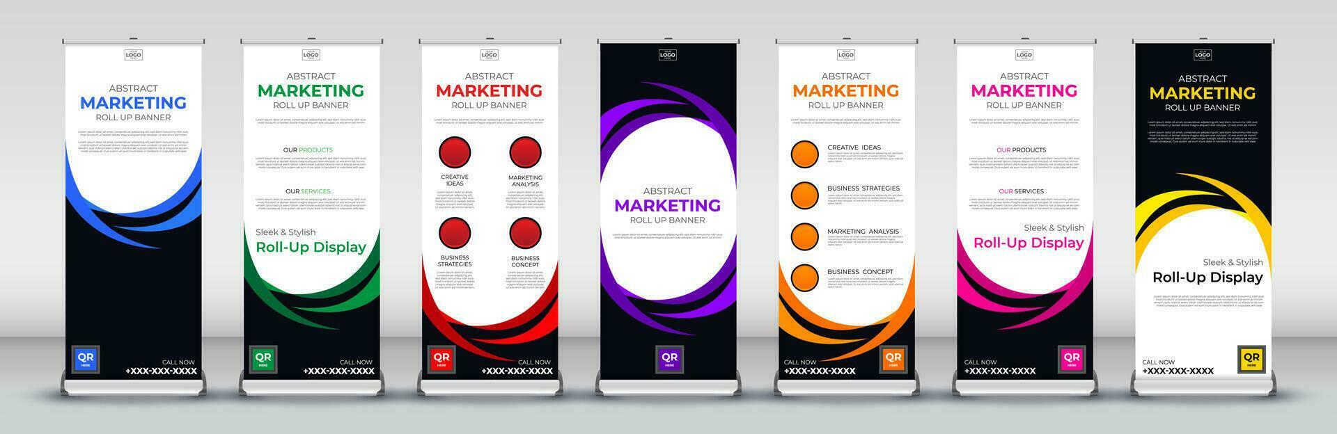 Roll up banner design template for business events, annual meetings, presentations, marketing, promotions, with red, blue, green, orange, pink, yellow and purple print ready colors vector