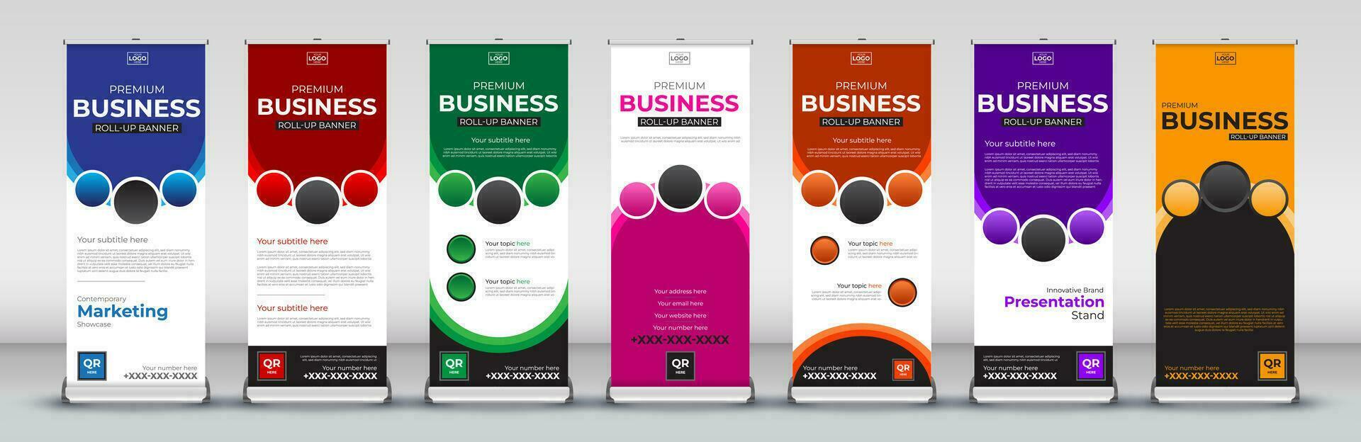 Roll up banner design template for business events, annual meetings, presentations, marketing, promotions, with red, blue, green, orange, pink, yellow and purple print ready colors vector