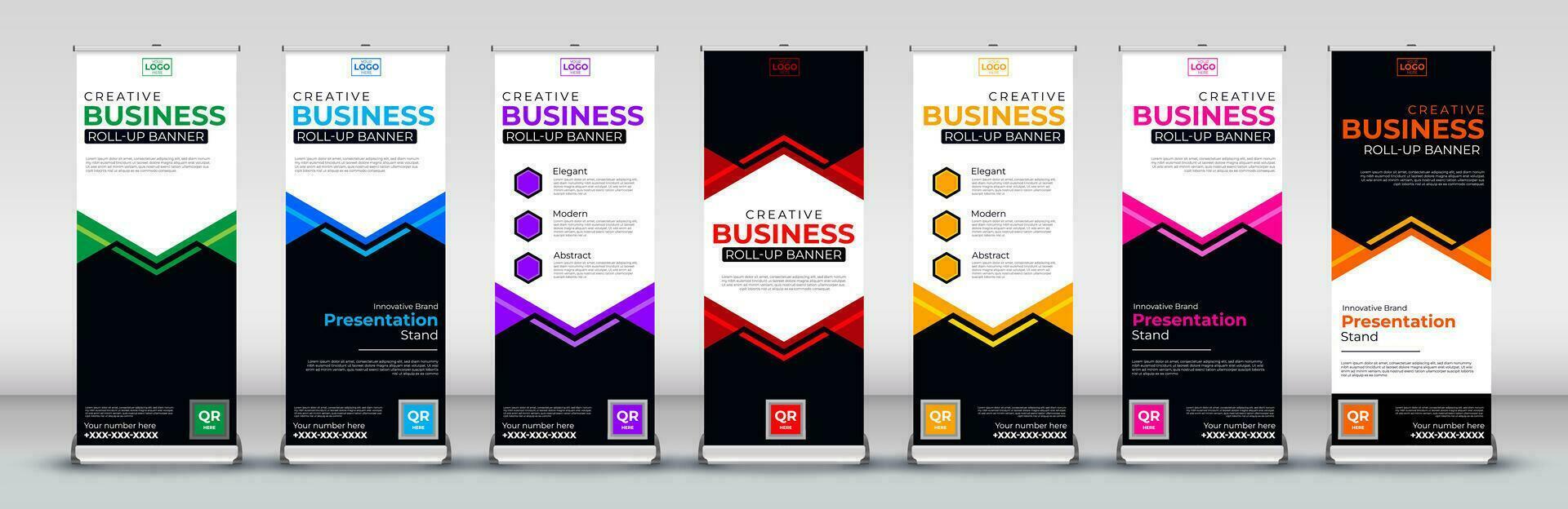 Roll up banner design template for business events, annual meetings, presentations, marketing, promotions, with red, blue, green, orange, pink, yellow and purple print ready colors vector